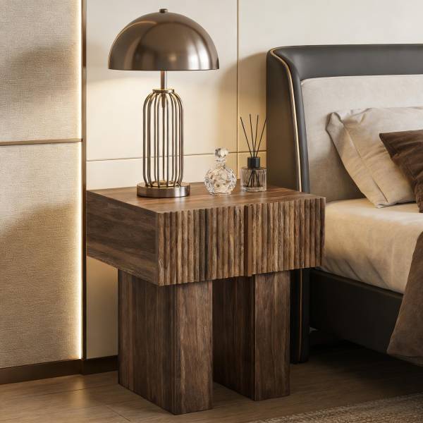 Luxury dark wood bedside table with storage – modern bedroom nightstand with lamp