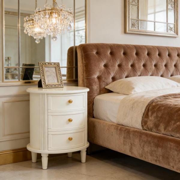 Luxury white oval nightstand with gold handles – elegant French bedroom décor with crystal chandelier
