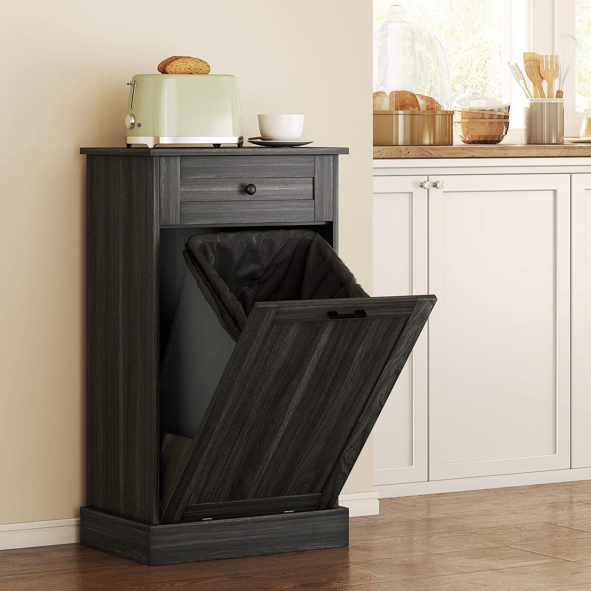 Kitchen tilt out trash cabinet charcoal gray freestanding bin storage with drawer