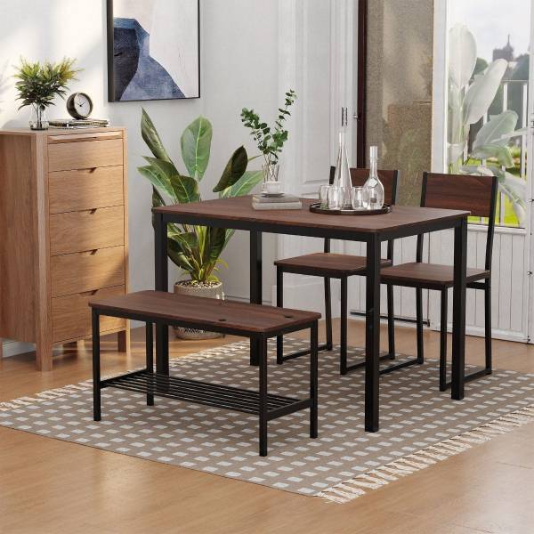 4 piece industrial dining table set with bench and chairs – modern kitchen dining room furniture