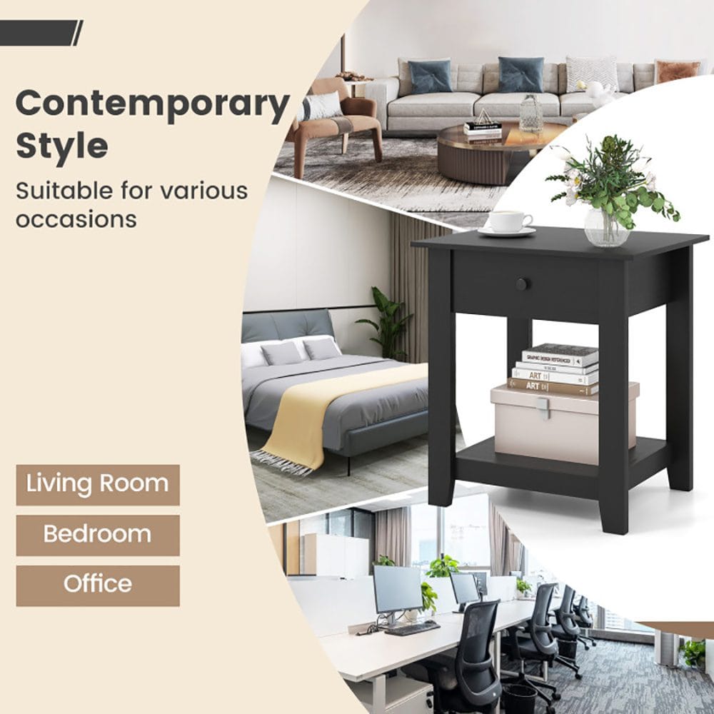 Black 3-Tier Nightstand with Drawer – Modern Open-Shelf Bedside Table - Image 2