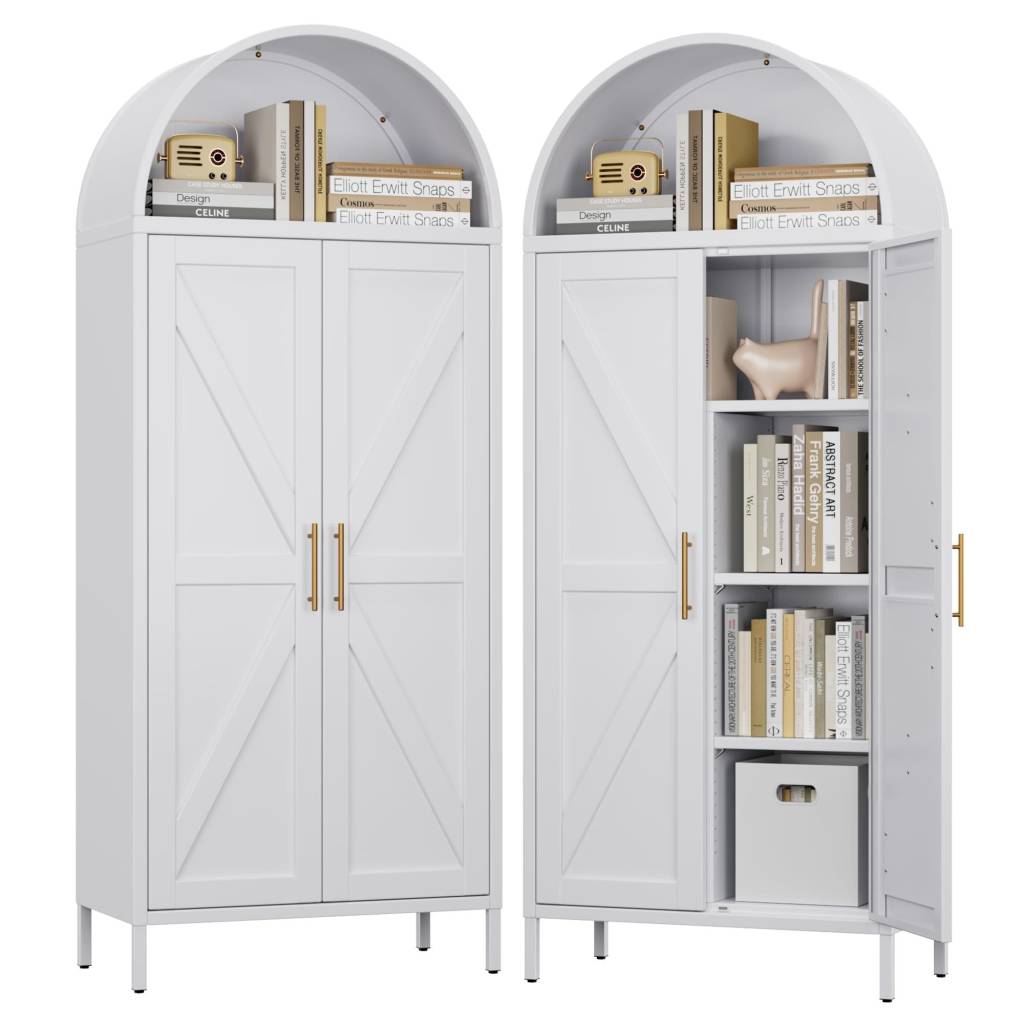 Metal arched storage cabinet white with gold handles – farmhouse living room cupboard