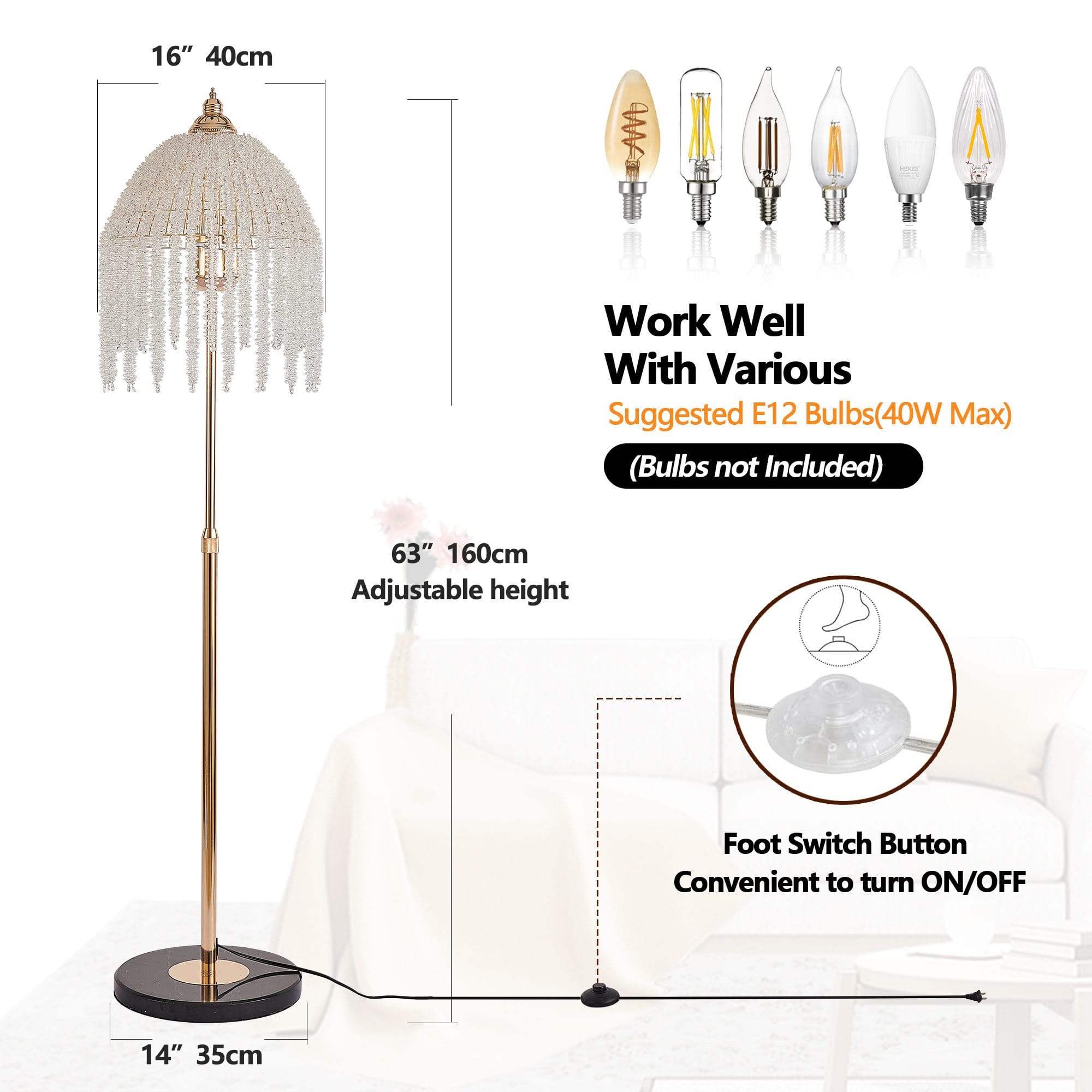 Crystal Floor Lamp with 3 Lights – Glamorous Standing Lamp for Living Room & Bedroom - Image 2