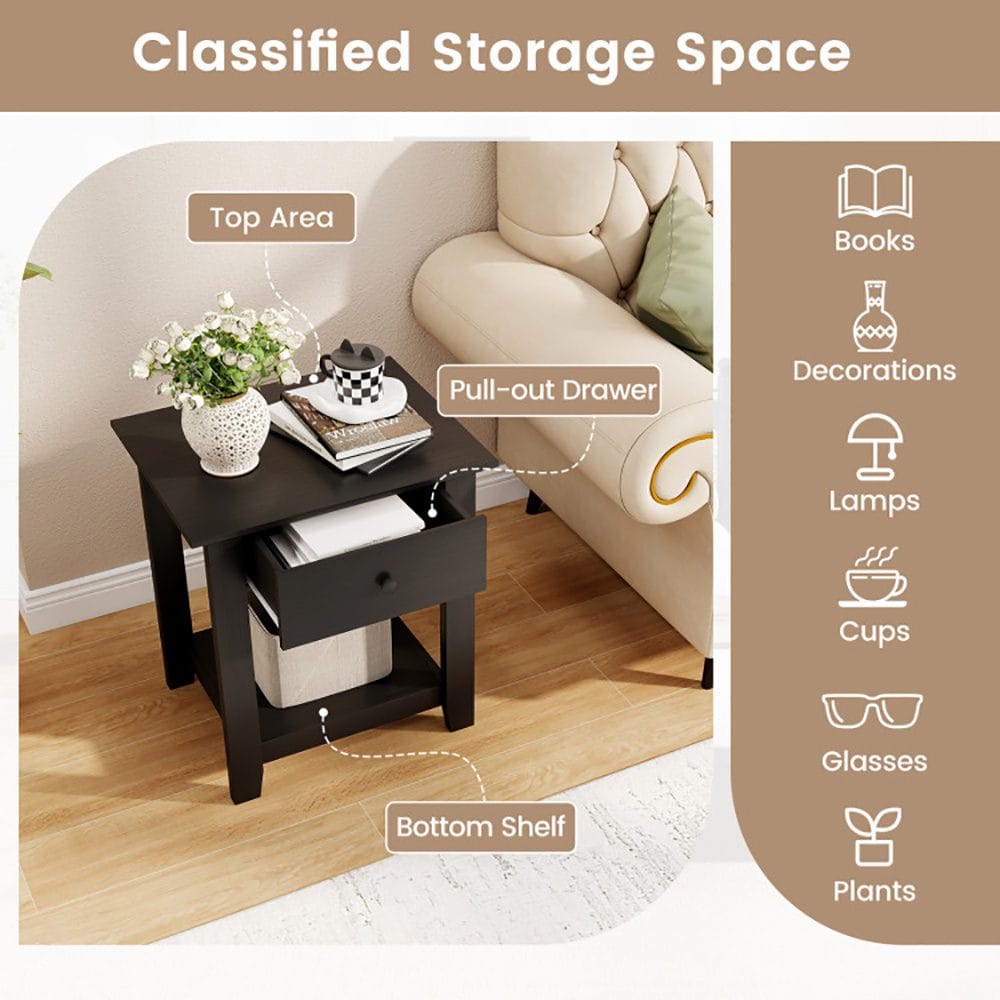 Black 3-Tier Nightstand with Drawer – Modern Open-Shelf Bedside Table - Image 3