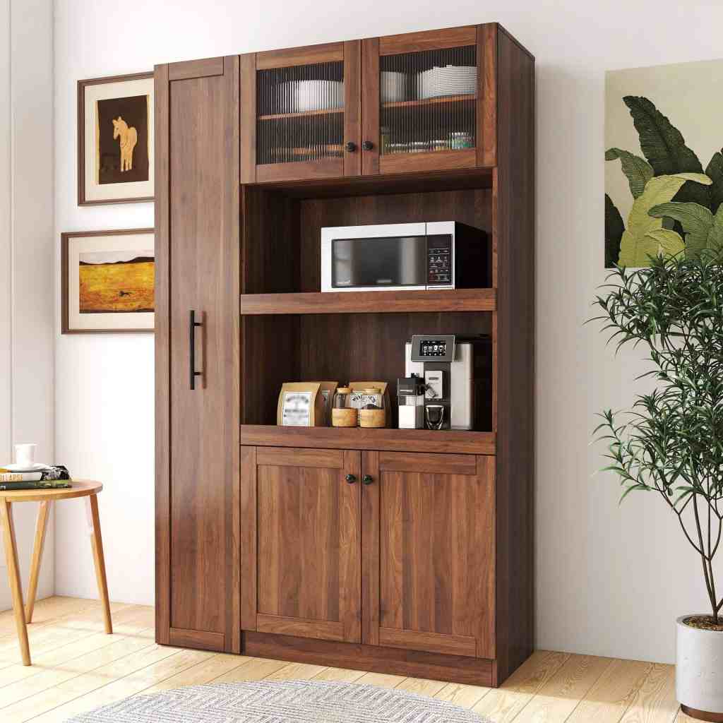 Walnut kitchen pantry cabinet multi-tier pull-out shelves – luxury kitchen storage furniture