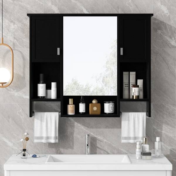 Black bathroom wall cabinet with mirror and towel bar – modern wall mounted storage