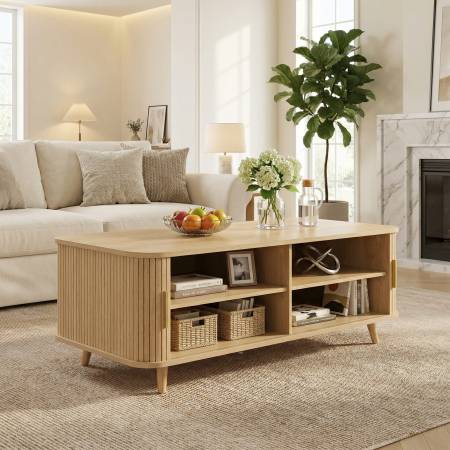 mid century coffee table with storage in natural wood finish