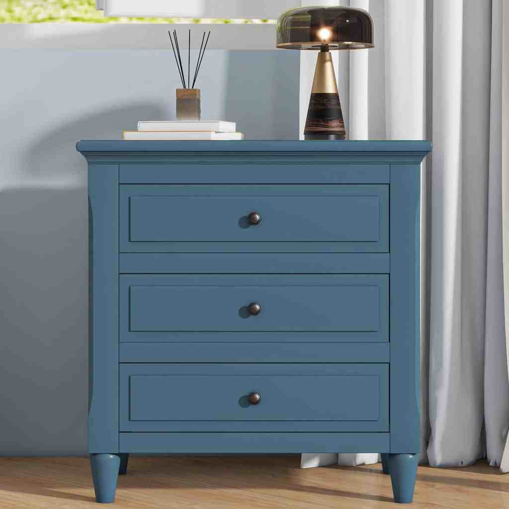 Blue Minimalist Nightstand with 3 Drawers – Colorful Bedside Table