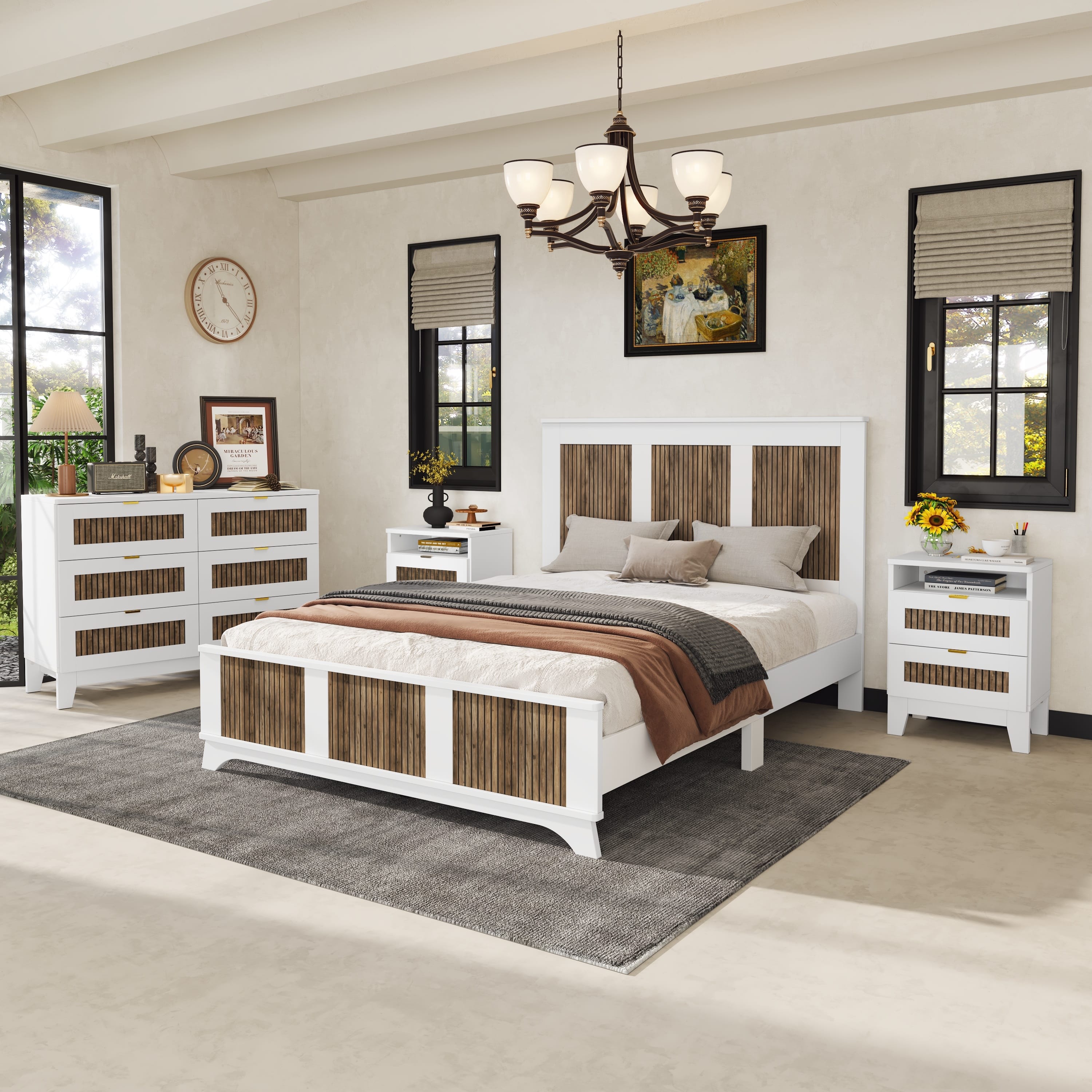 4-Piece Queen Farmhouse Bedroom Set – White Platform Bed, Nightstands & Dresser - Image 2