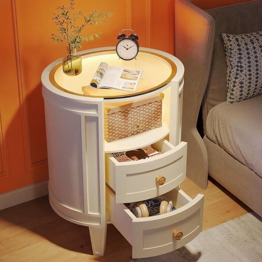 Ivory LED Nightstand with Glass Top – Modern Bedside Table with Storage