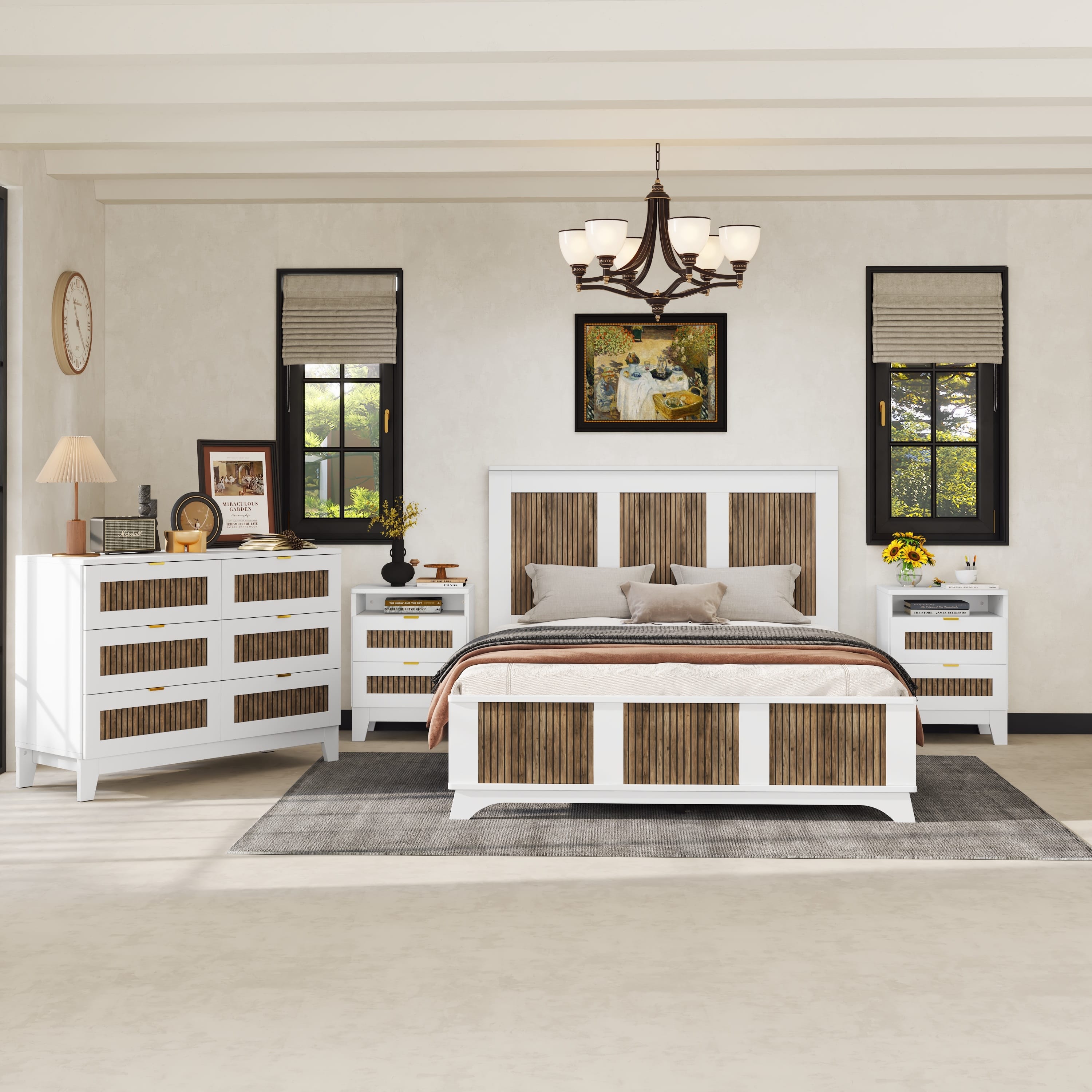 4-Piece Queen Farmhouse Bedroom Set – White Platform Bed, Nightstands & Dresser