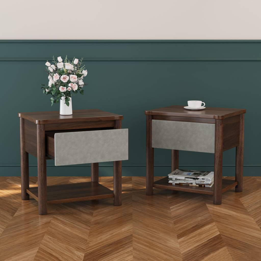 Farmhouse Nightstand Set of 2 – Walnut & Grey Wood Bedside Tables