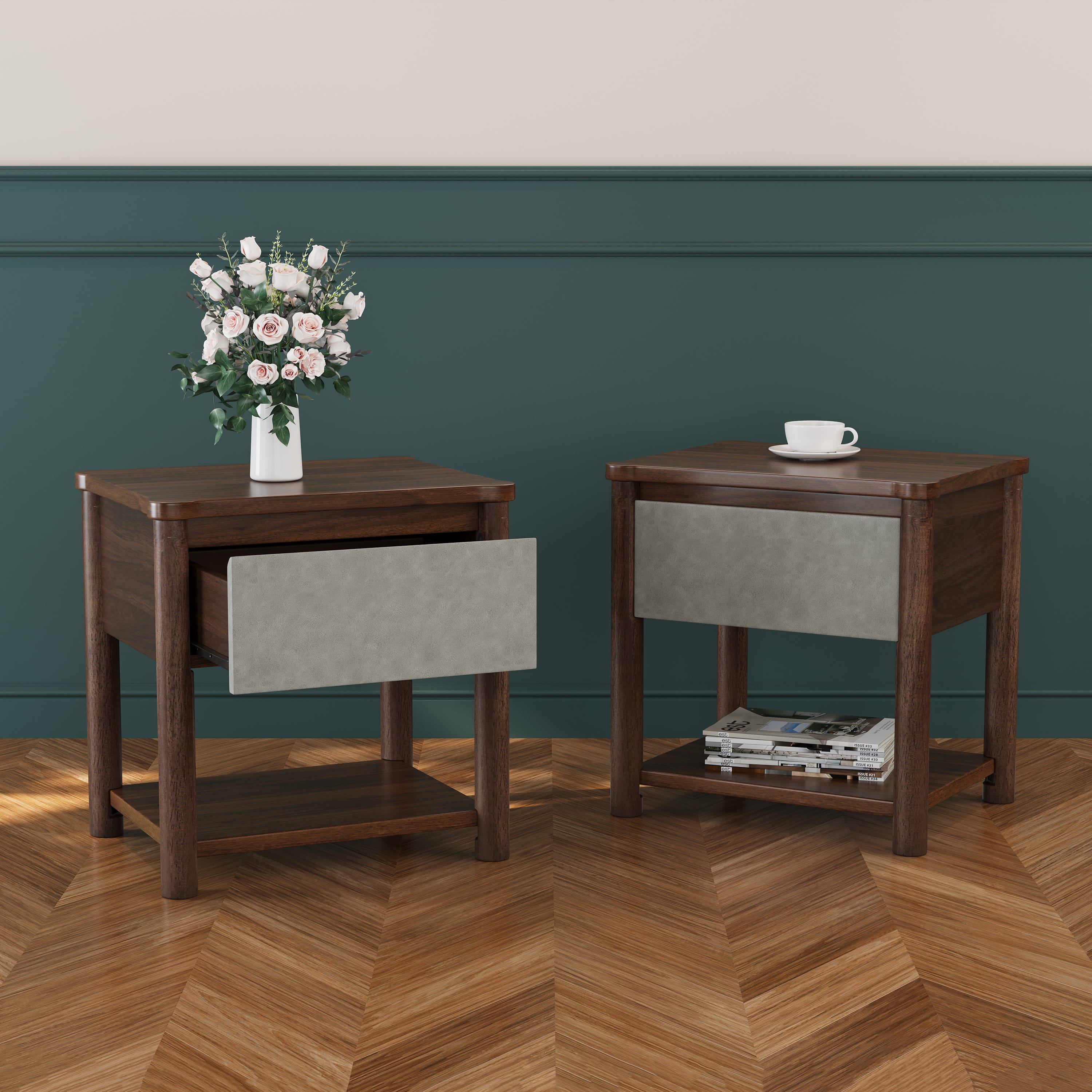 Farmhouse Nightstand Set of 2 – Walnut & Grey Wood Bedside Tables